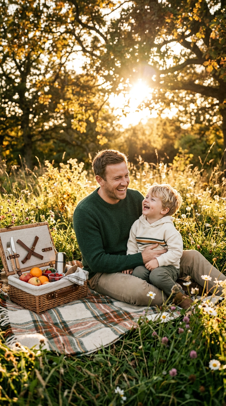 A father and his son laughing together on a picnic blanket in a sunlit meadow